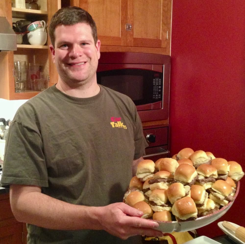 Me, delivering a platter of halftime sliders