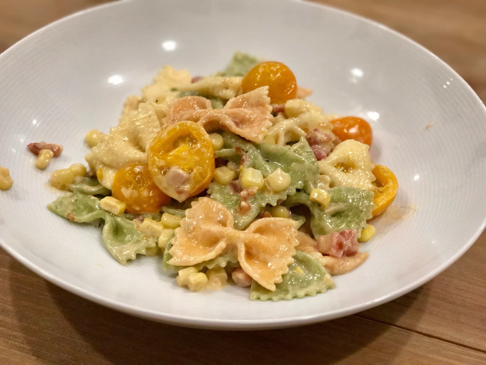 Farfalle with pancetta and corn