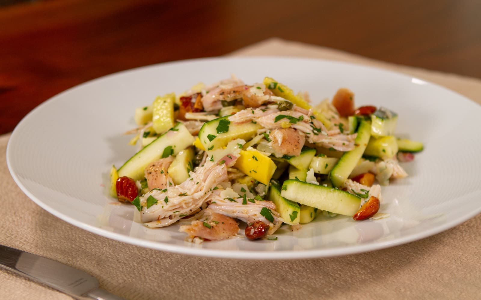 Smoked Chicken, Zucchini, Pecorino, Almond Salad